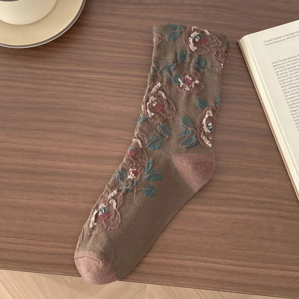 5 Pair Cute Print Socks For Women Long Autumn Winter Fashion Versatile Casual Ethnic Style Vintage Women's Socks Set 2025 New