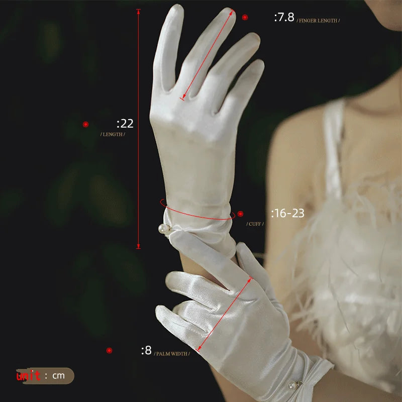 White satin wedding dress gloves Short elegant petal pearl bow mesh bridal gloves versatile photo accessories pearl retro