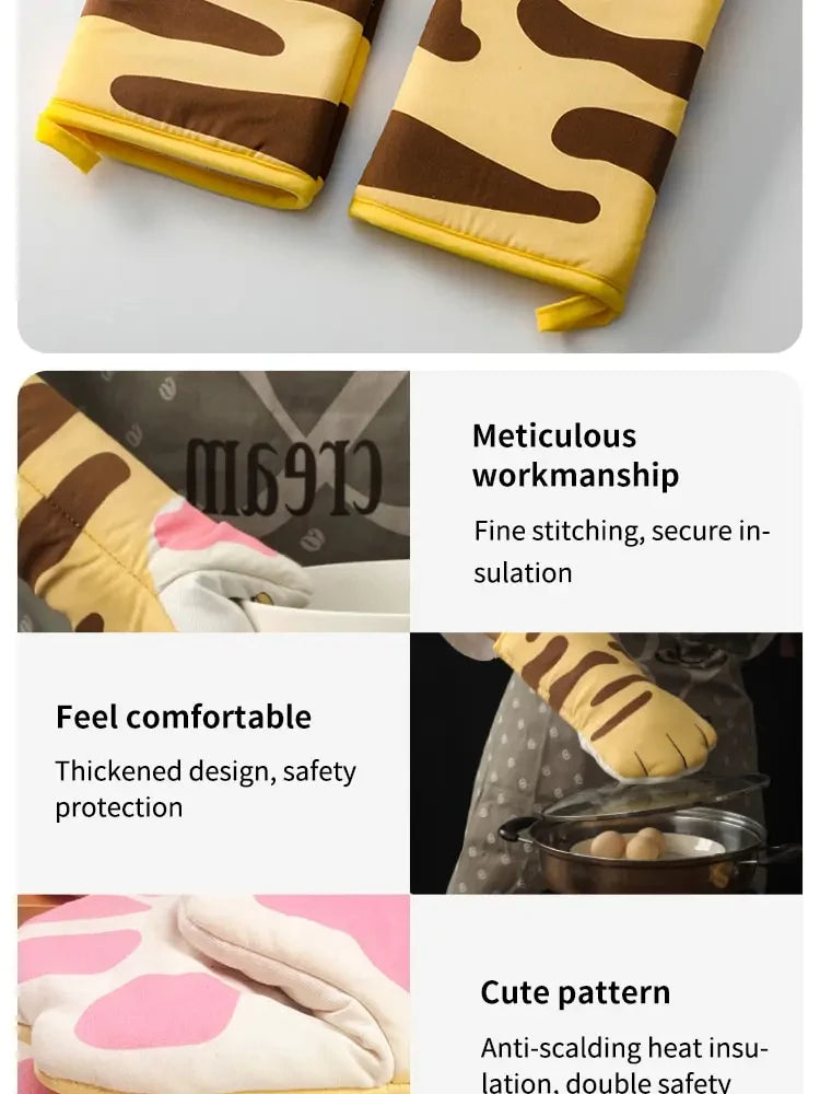 Microwave Long Cotton Gloves Cute Cat Paws Oven Insulation Gloves Heat Resistant Non-Slip Single Glove Kitchen Baking Supplies