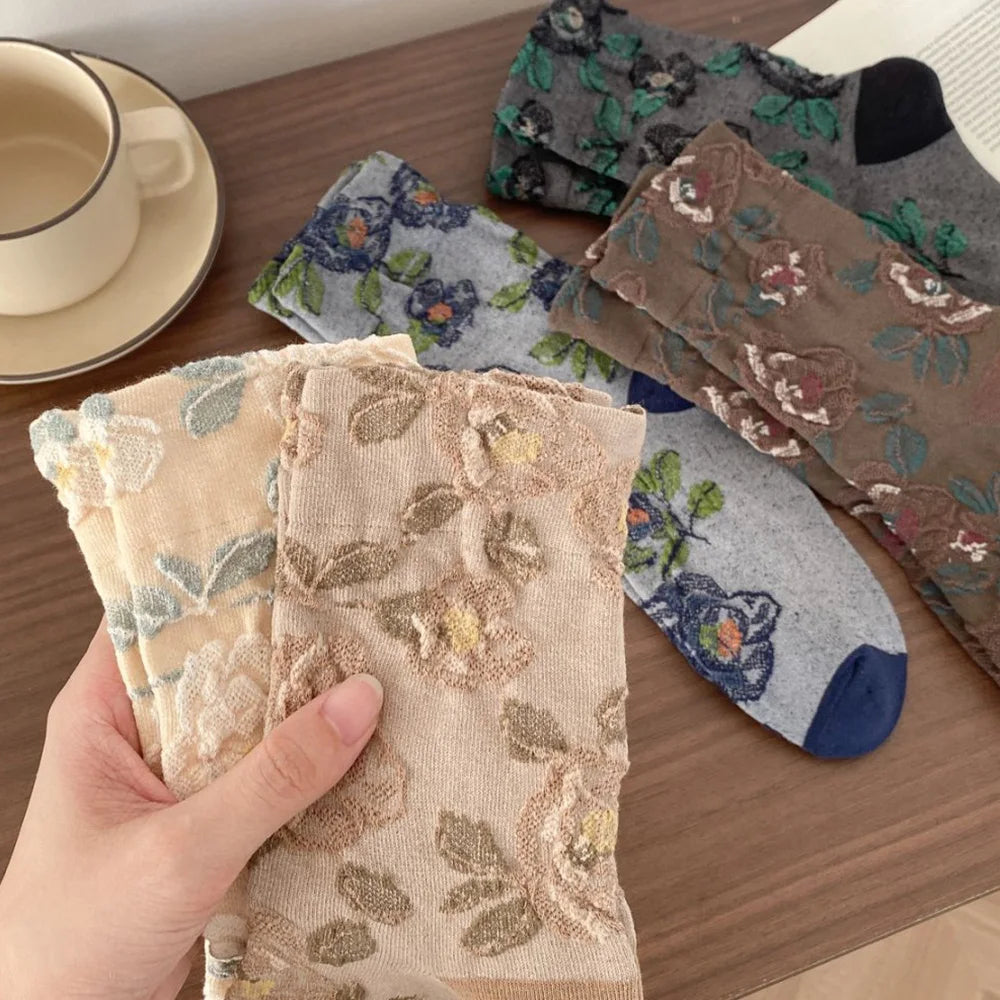 5 Pair Cute Print Socks For Women Long Autumn Winter Fashion Versatile Casual Ethnic Style Vintage Women's Socks Set 2025 New