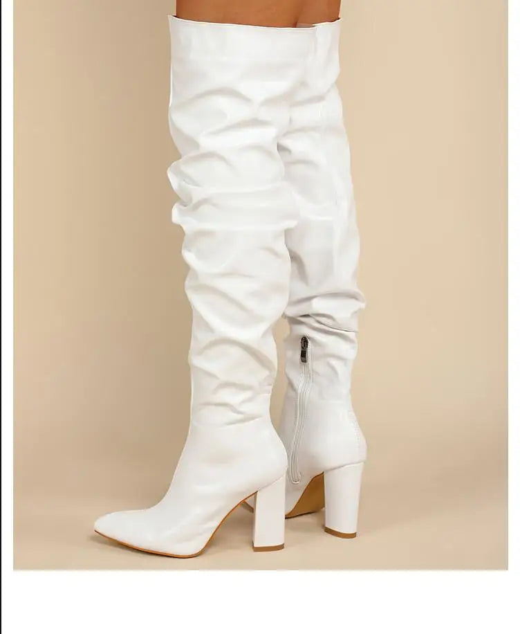 Sexy High Quality Pleated cowhide Leather Motorcycle Over The Knee Boots Women Fashion Pointed Toe Thigh High Lady Shoes Large