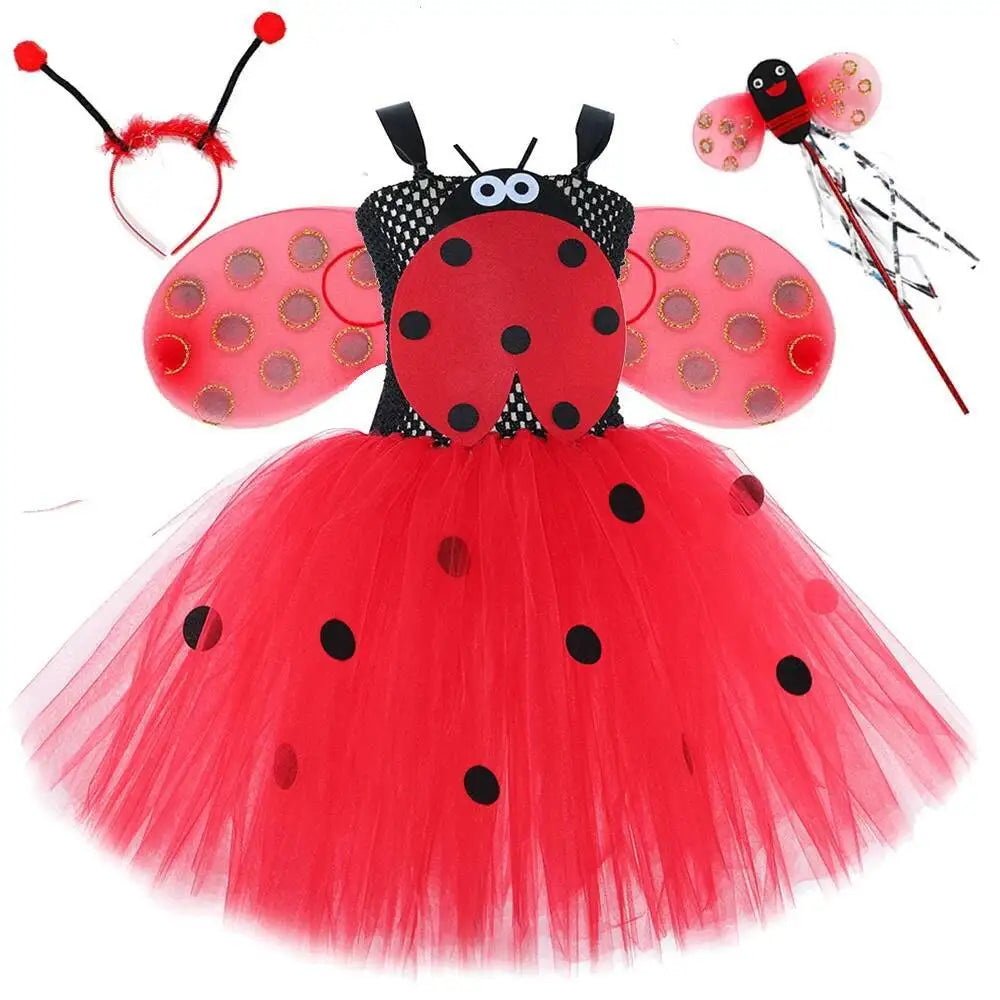 Black Red Lady Beetle Costumes for Baby Girls Ladybird Tutu Dress with Wings Kids Halloween Outfit Children Birthday Clothes