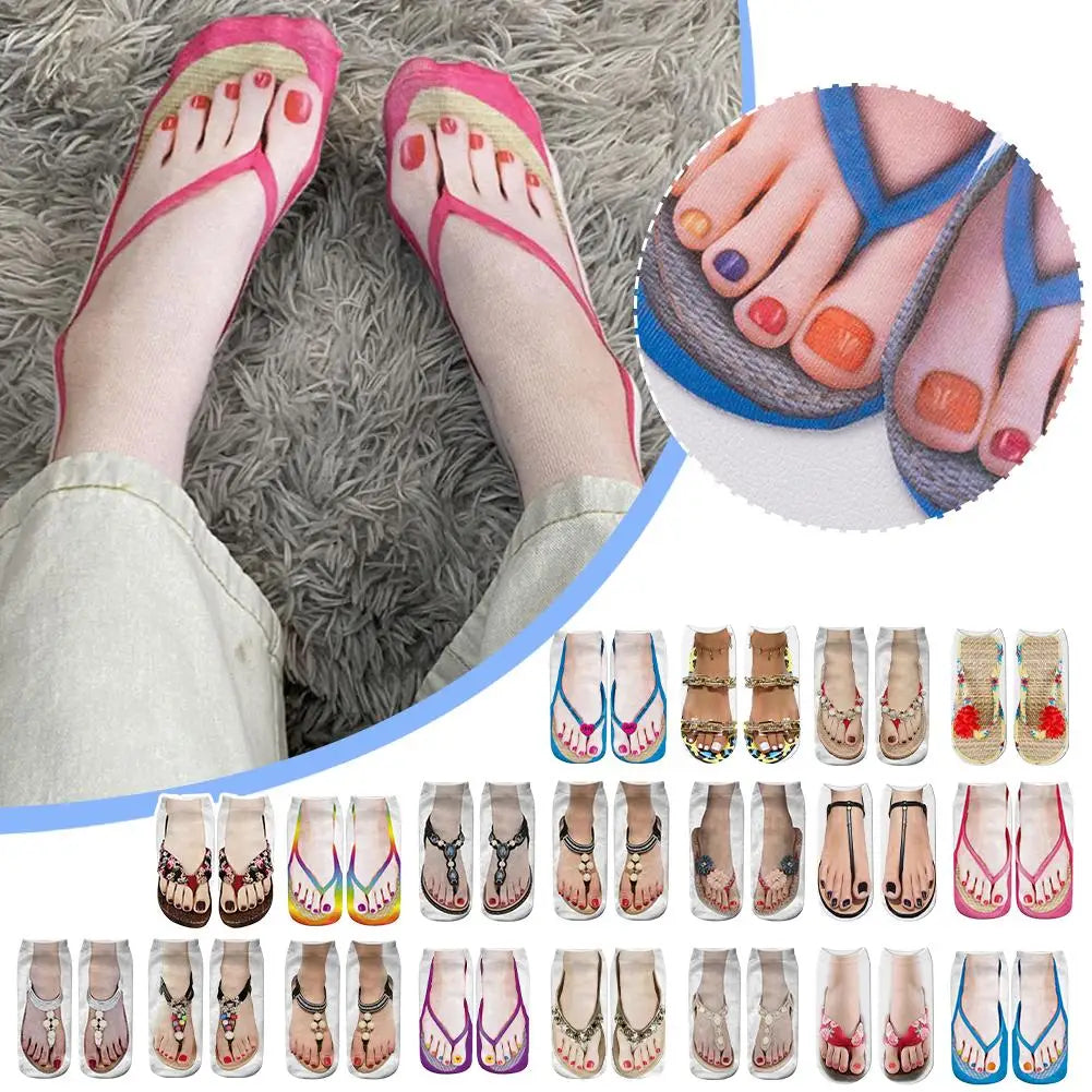 1 Pair 3D Printing Pattern Flip Flop Socks Funny Socks for Women Flip-flop Ankle Socks Low Cut Floor Socks Hosiery Novelty Gifts