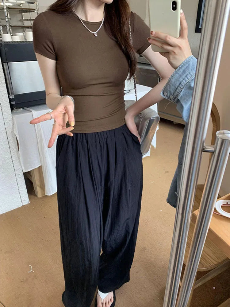 Women's Basic Solid Crop Top Short Sleeve Crewneck Skinny T-shirt Summer Casual Y2K Vintage Harajuku Streetwear