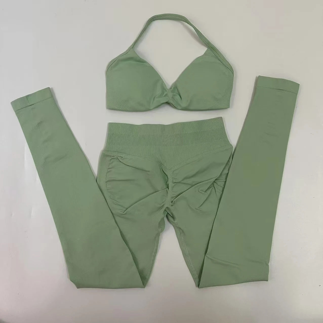 Seamlessyoga Set Women Workout Scrunch Leggings Set Strappy Halter Sports Bra Fitness Gym Clothing Workout Set 2 Pieces