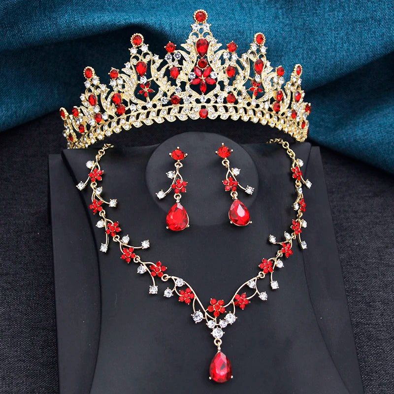 Purple Tiara Flower Bridal Jewelry Sets for Women 3Pcs Tiaras and Necklace Earrings set Wedding Crown Brides Costume Accessories