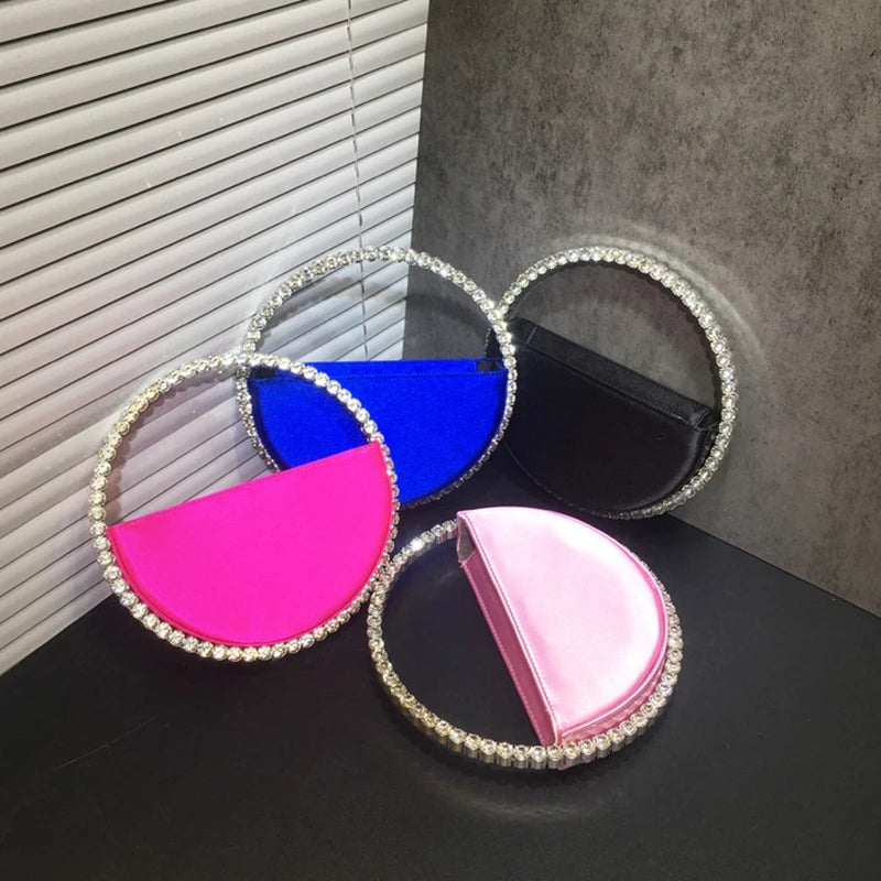 Lady Blue/Pink Diamond Circular Evening Bag Women Fushia Round Handle Rhinestone Dinner Clutch Purse Ladies Half Moon Handbags