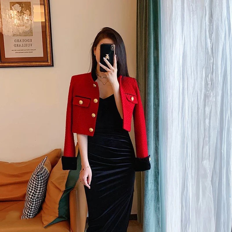 Fashion Stitching Tweed Short Jacket Women Autumn Winter Elegant Office Lady Coat Y2K Korean O Neck Single Breasted Crop Outwear