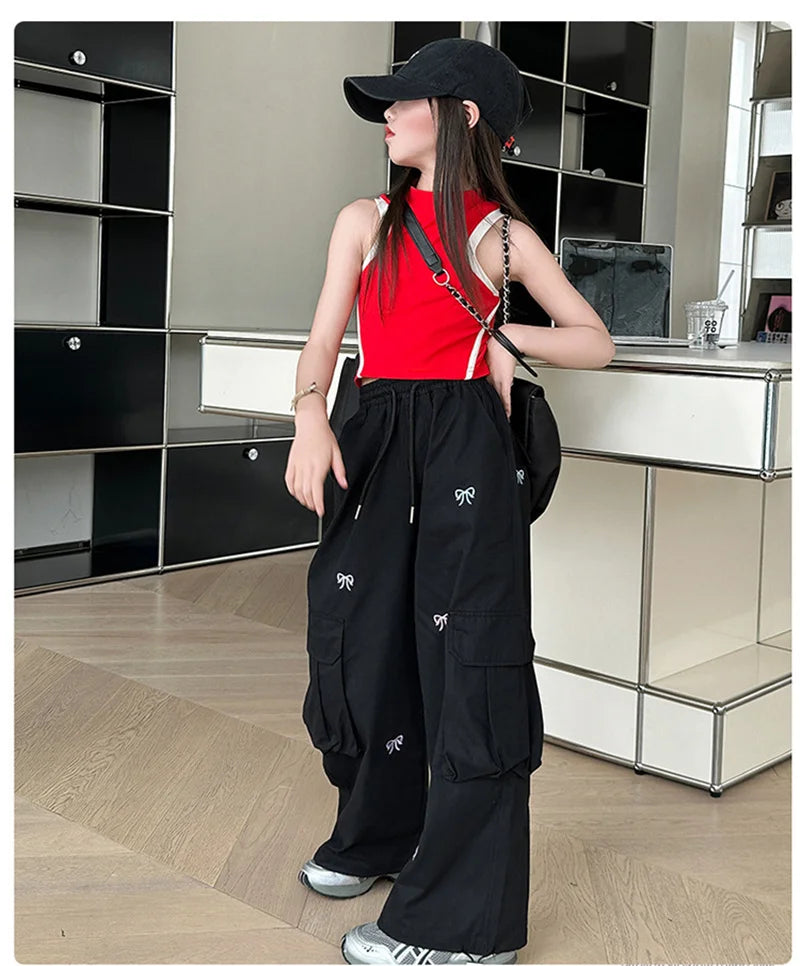 Stylish Loose-fit Cargo Pants Girls Summer Arrival Hip Hop Street Dance Trousers Teenage Streetwear Baggy Joggers Pants 5-14Y