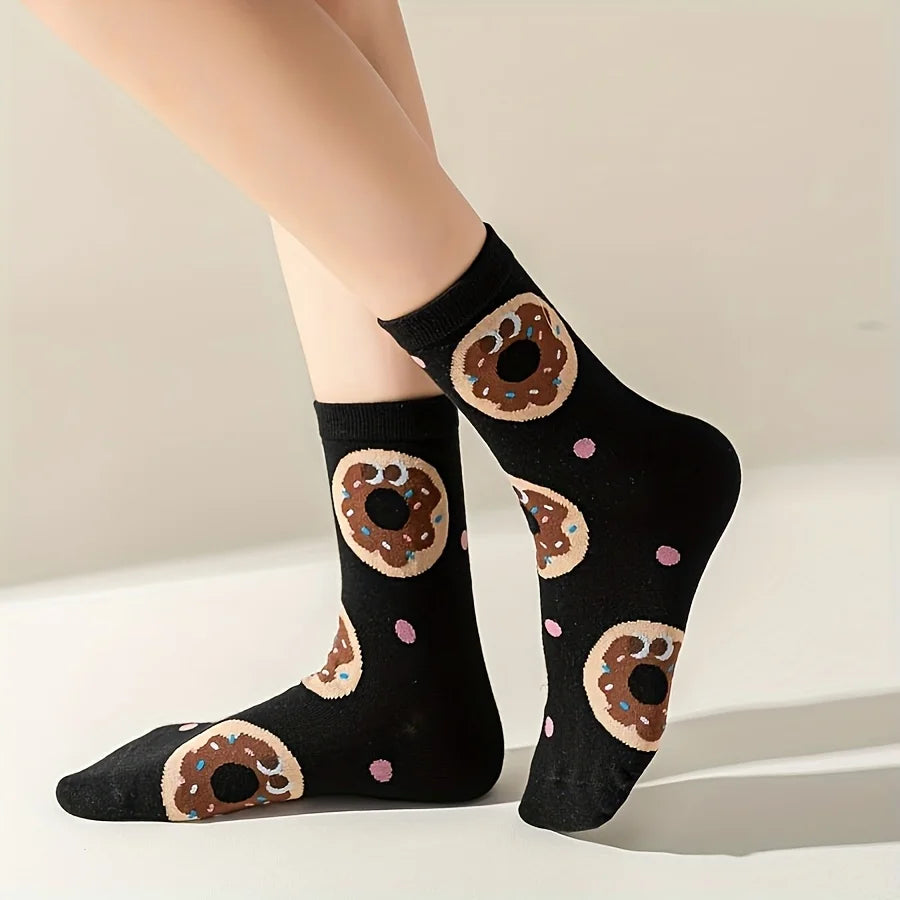 5 Pairs of Mixed Color Kidsren's Socks with Cartoon Cute Hamburger and Fries Patterns for Boys and Girls, Trendyy and Versatile Youth Mid-Calf Socks, Suitable for Casual Daily Life