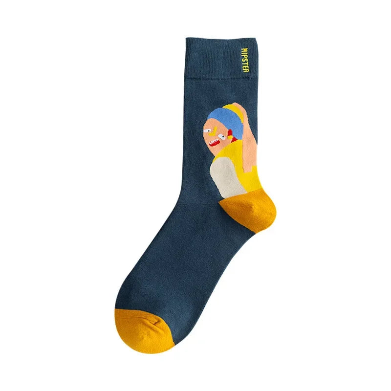 Colorful Funny Cotton Men Crew Socks Hip Hop Novelty Painting Style Skate Street Designer Harajuku Gift Happy Black Yellow Cool