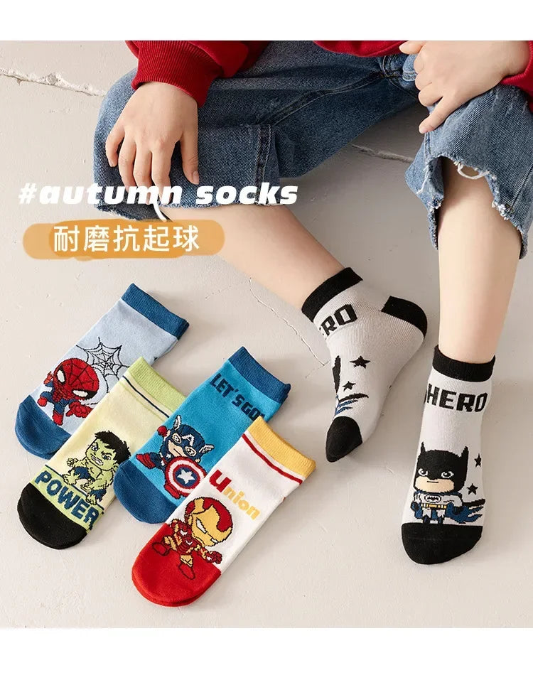 5 Pairs Spiderman Cotton Children's Socks iron Man Hulk Thor Anime kids Boys Short Socks Cartoon Baby Spring Summer Short Socks