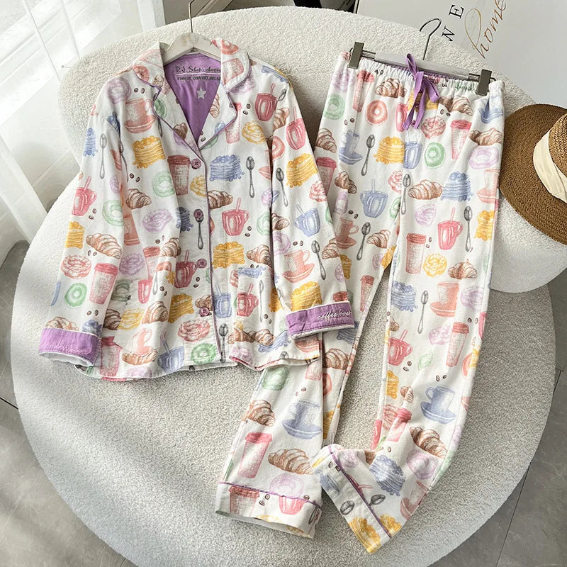 Autumn Winter Women PJS Cotton Ground Wool Sleepwear Warm Thick Cartoon Long Sleeve Pants Pajamas Ladies Homewear Month Clothes