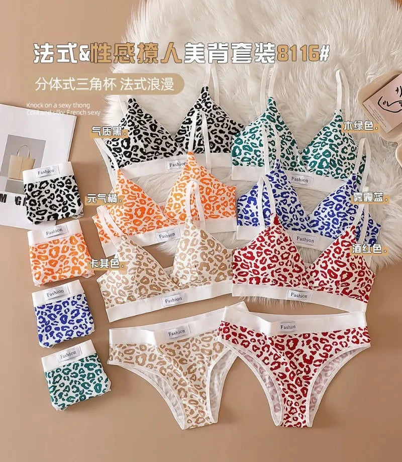 Women Seamless Bra Set Low Waist Panties Leopard Bralette Sexy Lingerie Set Vneck Sport Brassiere Female Cotton Underwear Set