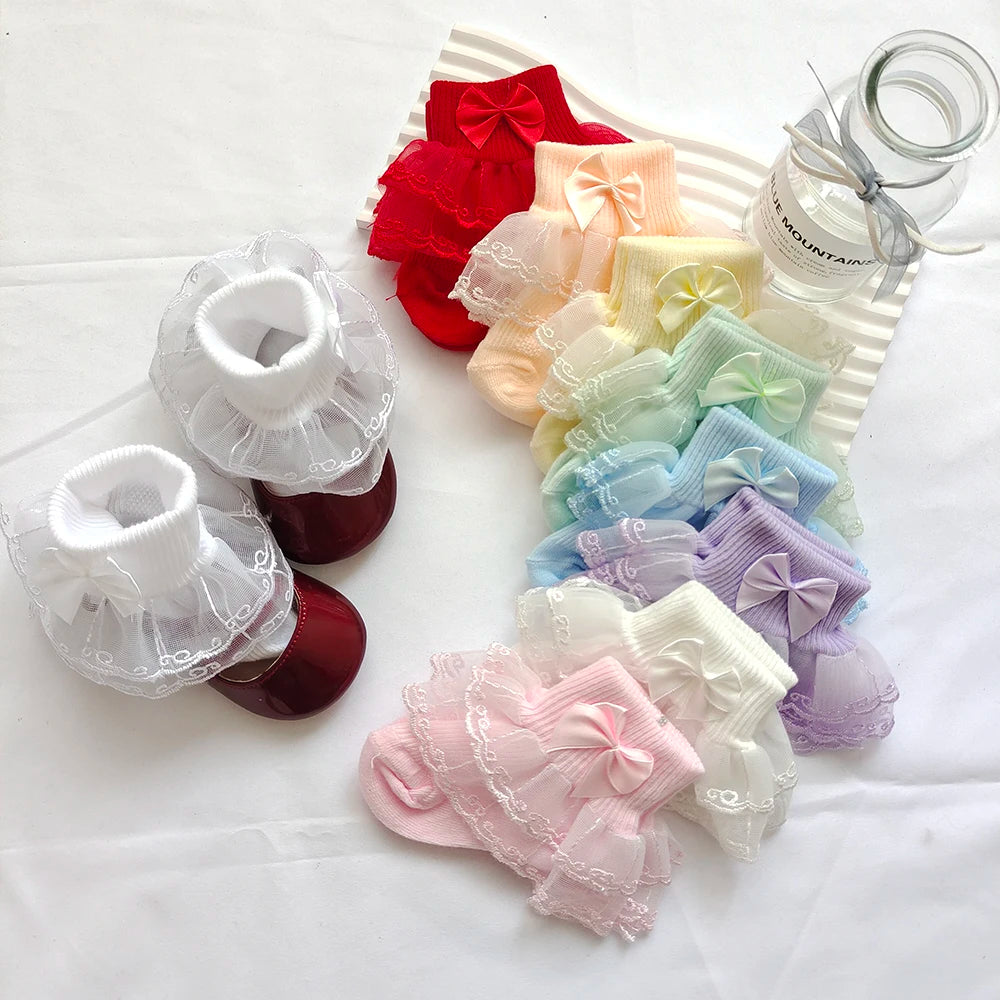 0-9Y Baby Cotton Socks With Lace Girls Ankle Socks Bows Toddlers Floor Sock Cute Frilly Socks For Children Girls Princess Sock