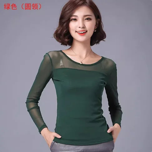 Autumn Winter Black White Bottoming Shirt Round Neck Solid Mesh T Shirt Korean Fashion Women Tops