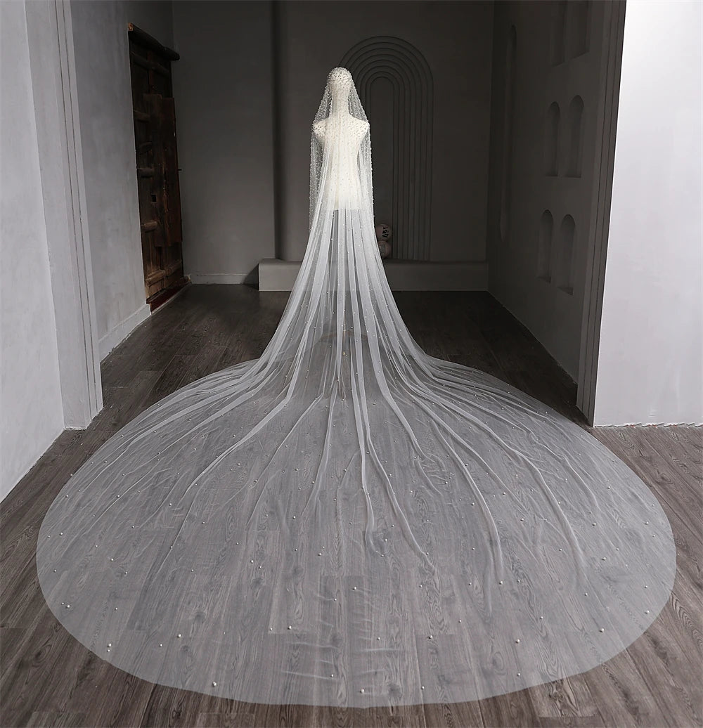 1Tier Wedding Veil With Pearls Long Luxury Bridal Veil with Comb Scattered Dense Pearls Cascading Mantilla Cathedral Custom Veil
