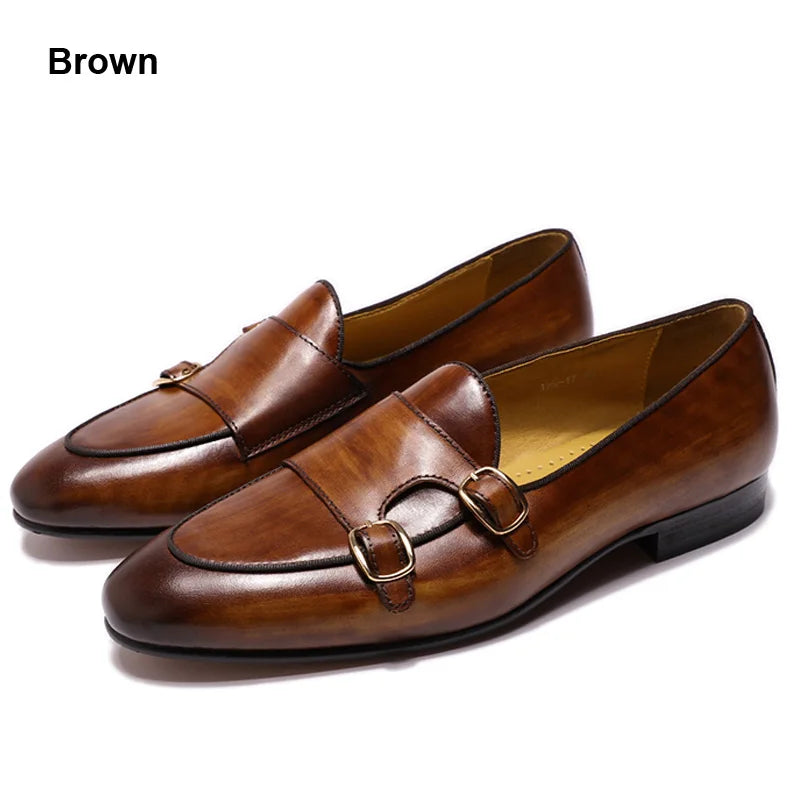 FELIX CHU Men's Genuine Leather Loafers Handmade Monk Strap Casual Dress Shoes for Wedding Party Summer Autumn Footwear
