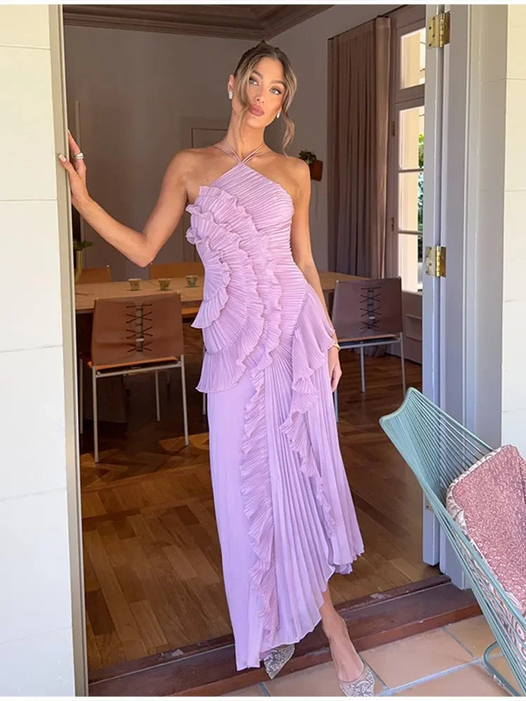 Sweet Gown Neck Strap Modest Irregular Long Dress Ruffle Eye-Catching Women Designers Dresses Summer Elegant Pastel Party Date