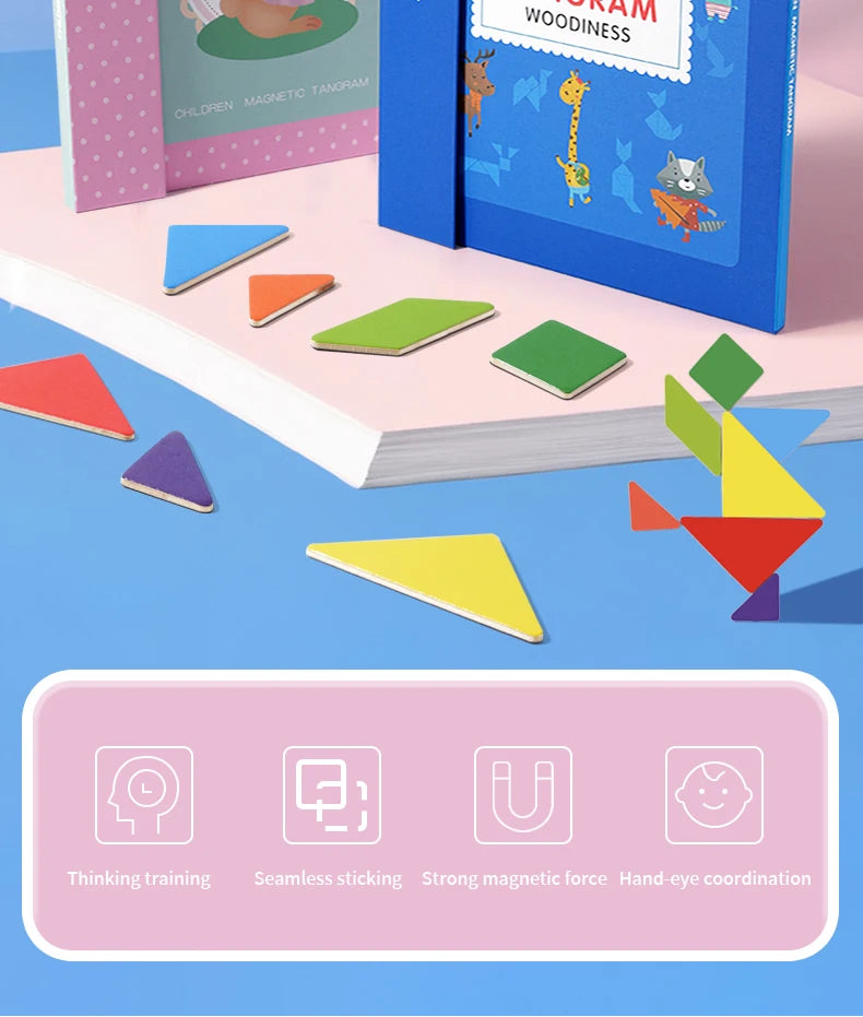 Magnetic Wooden Tangram Block Puzzle Game for Kids - Montessori Educational Intelligence Jigsaw Children's Gift