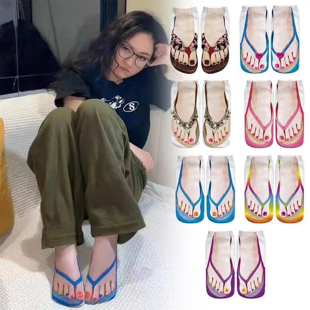 1 Pair 3D Printing Pattern Flip Flop Socks Funny Socks for Women Flip-flop Ankle Socks Low Cut Floor Socks Hosiery Novelty Gifts