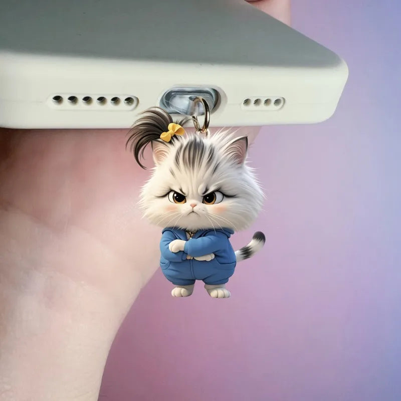 2D Flat Explosive Angry Kitten Acrylic Phone Dust Stopper for IPhone and Type C Charging Port Protectors Decorative Accessories