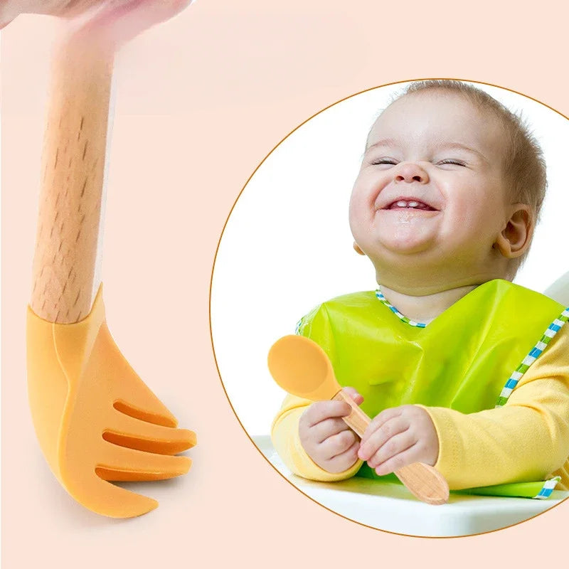 Spoons Baby Feeding Spoon Fork Wooden Handle Spoon Fork Set Soft Silicone Tip Spoon Fork BPA Free Food Grade Infant Toddlers