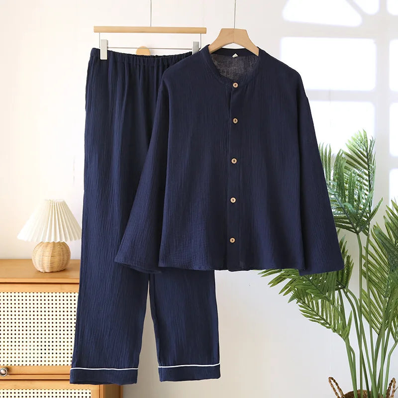 Men's Cotton Double-layer Gauze Pajamas Round Neck Long Sleeved Cardigan Home Trousers Pajamas Set for Spring and Summer