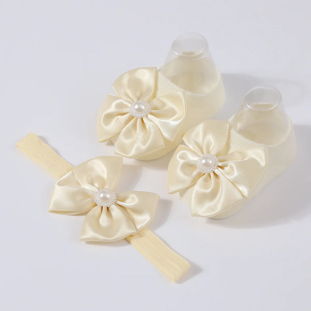 1Set New Baby Pearl Bowknot Headbands Socks Newborn Toddler Soft Prewalker Sock Girl Infant Cute Knitted Cotton Hairband Socks