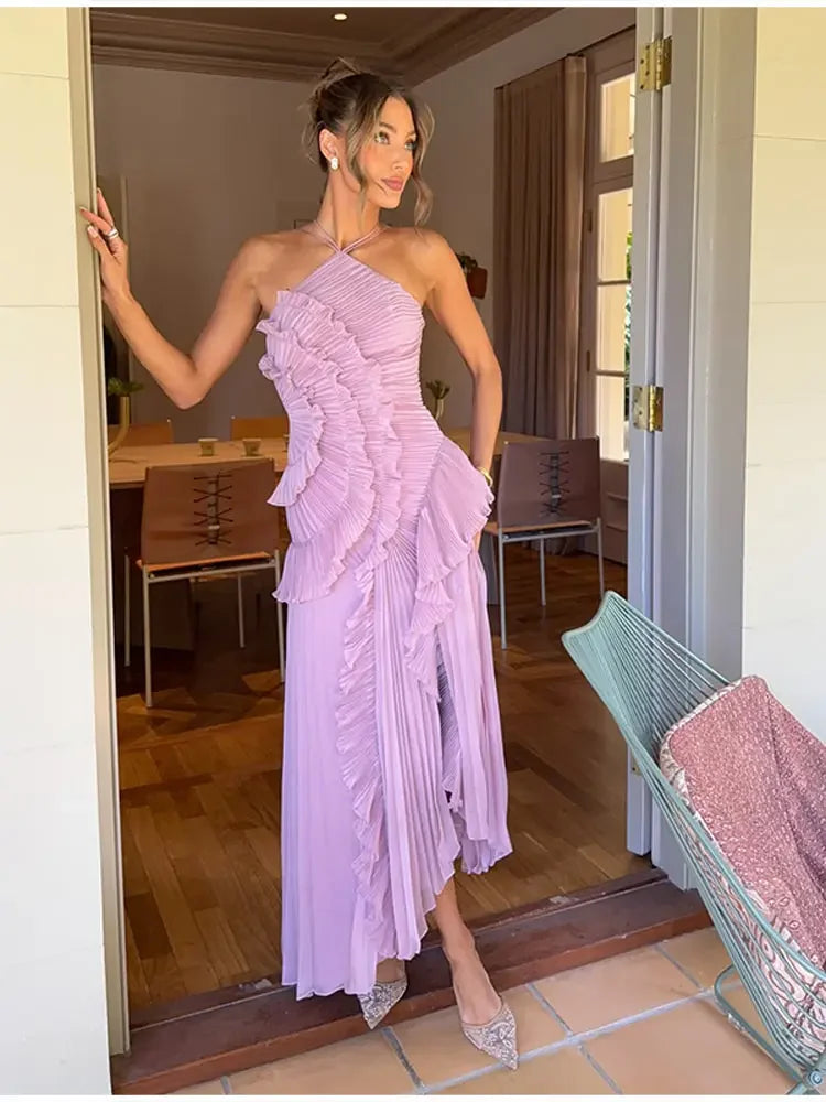 Sweet Gown Neck Strap Modest Irregular Long Dress Ruffle Eye-Catching Women Designers Dresses Summer Elegant Pastel Party Date