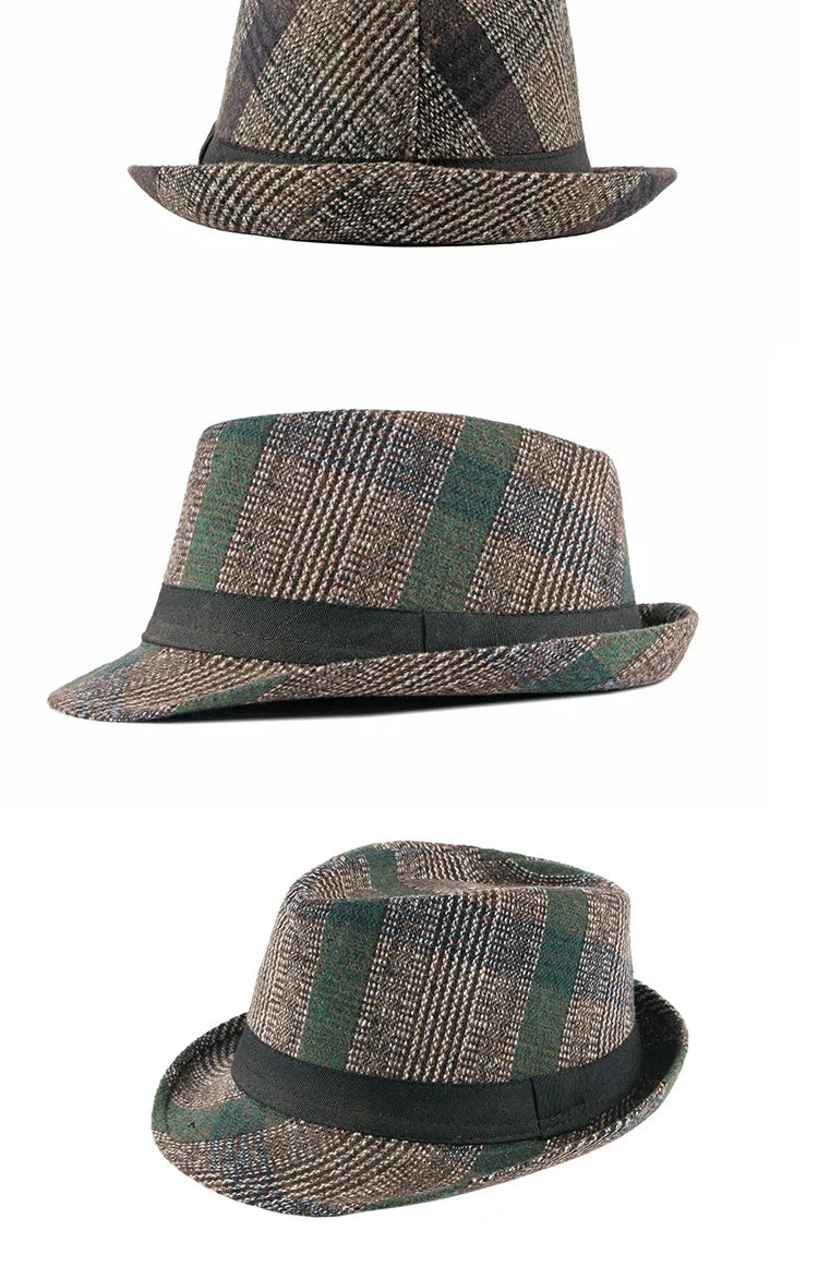 Spring Summer New Vintage Checked Top Hat Men's Middle-aged and Elderly Woolen Gentleman's Hat Jazz Hat
