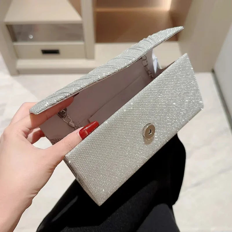 Wedding Party Handbag Ladies Glitter Silver Clutch Bag Envelope Evening Bag Fashion Elegant Long Purse Women Chain Shoulder Bags