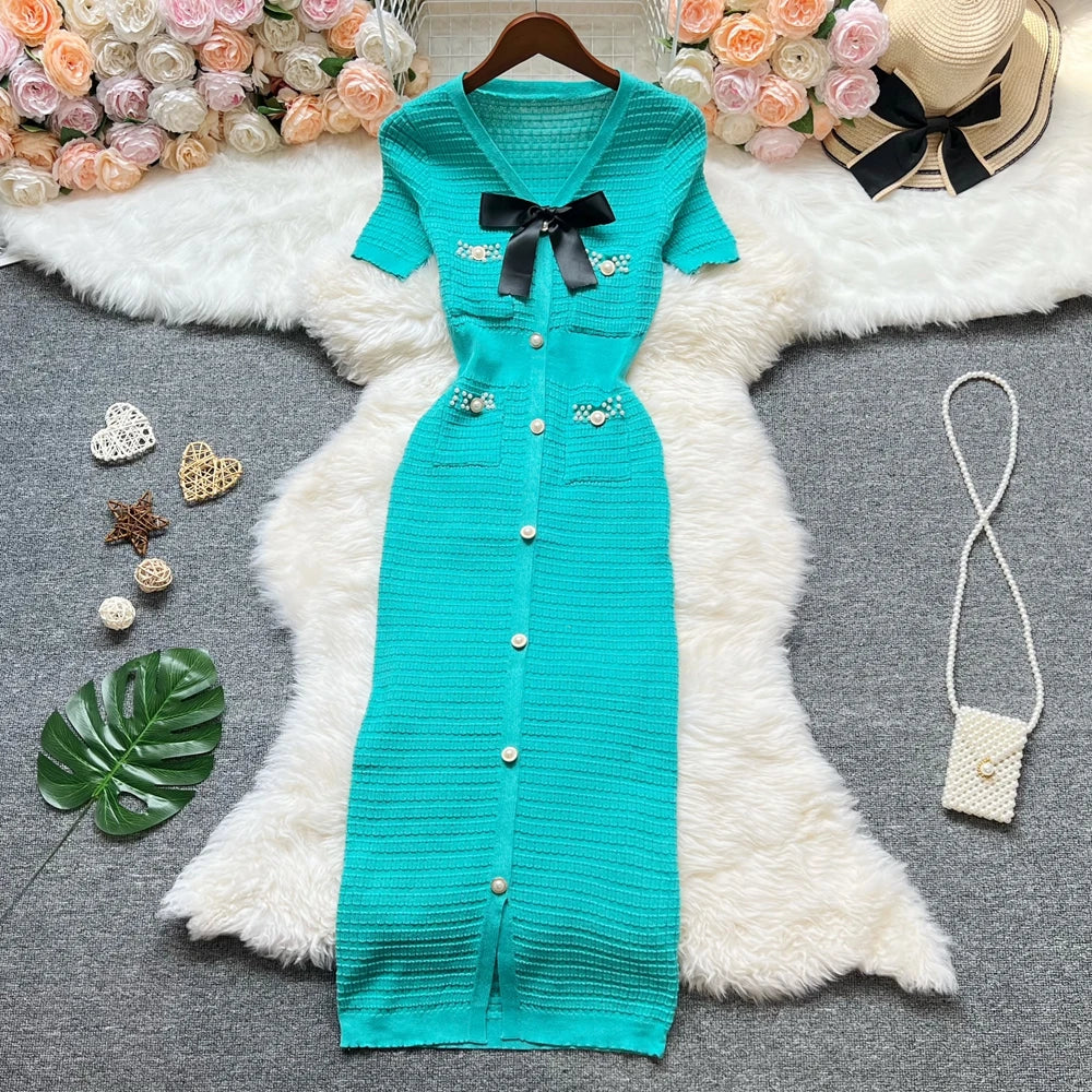 Women’s Chic Wrap Waist Knitted Bodycon Dress Short Sleeve V Neck Bow Detail Elegant Office Wear