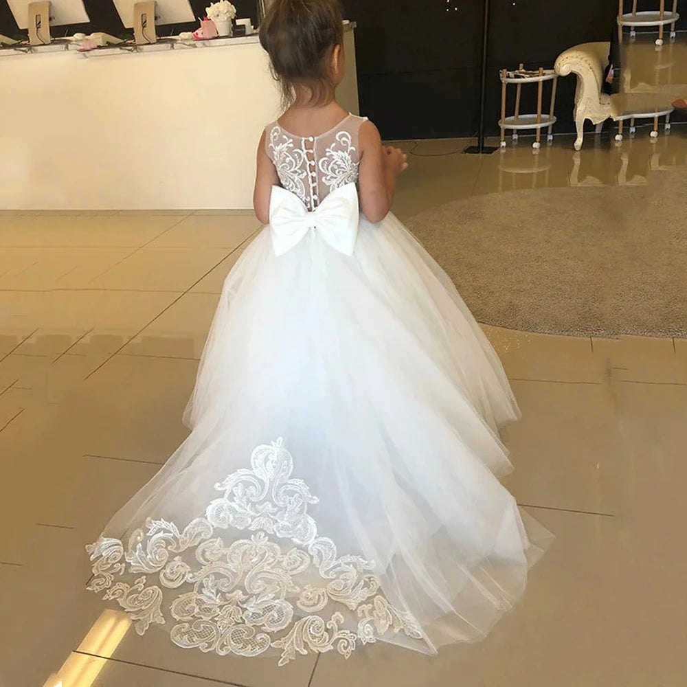 White Bridesmaid Dress For Girls Lace Big Bow Flower Girl Dresses Ball Gown Kids Wedding Party Pageant First Communion Gown