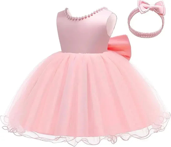 Baby Dresses For 1st Birthday Girls Party Dresses with Headwear Bowknot Toddler Girl Princess Dress Backless Kids Wedding Dress