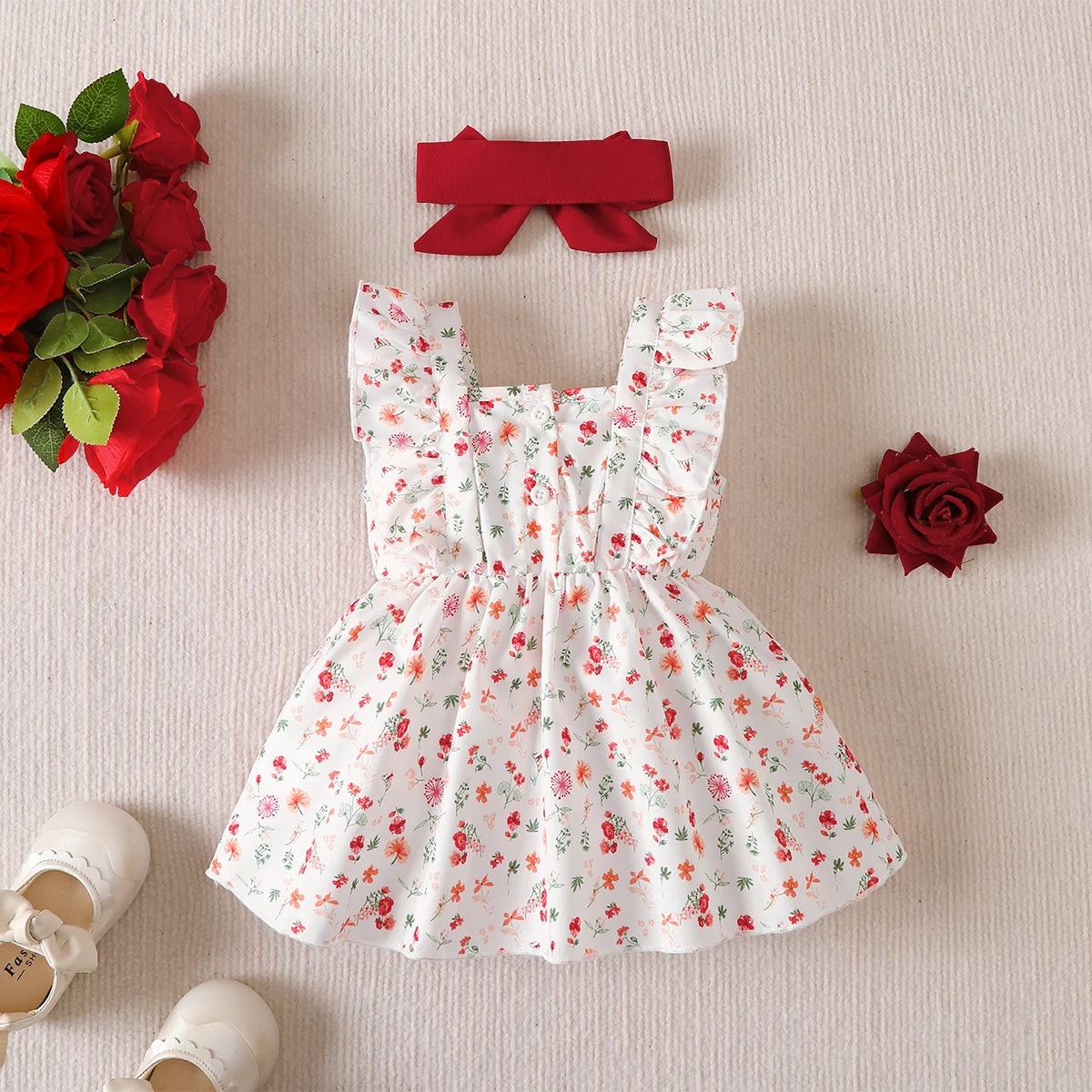 0-24 Months Baby Girl Bress with Small Floral Ruffle Edge Sleeveless Dress+Headband 2Pcs/Set Cute Baby Girl Summer Dress