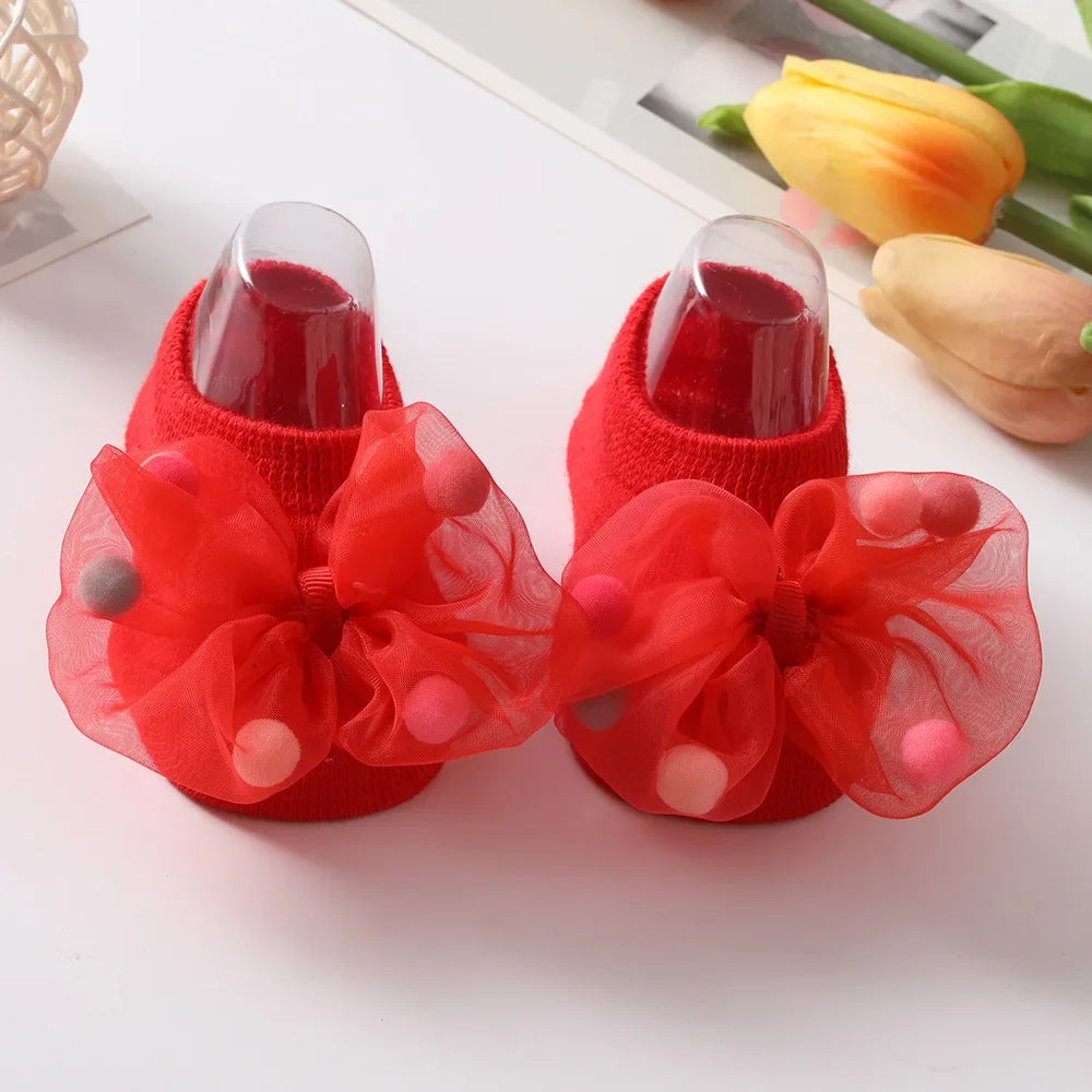 Baby Girl Home Short Socks Lace Bow Infant Anti Slip Trampoline Socks Newborn Princess Ankle Socks Children Floor Shoes