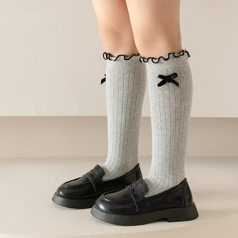 1 Pair Chic Simplicity Kids Girl Sock Sweet Fashion Bow Ruffle Bow Children Girl Calf Sock Spring Autumn Cotton School Sock