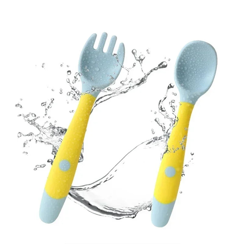 Baby Children Spoon Fork Set Soft Bendable Silicone Scoop Fork Kit Tableware Toddler Training Feeding Cutlery Utensils Tableware