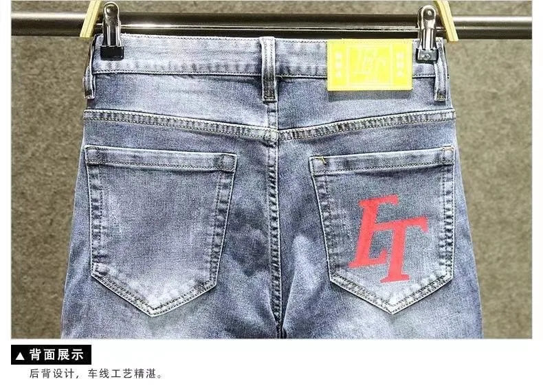 Autumn and Spring Printed Straight Leg Vintage Sports Denim Pants for Men Casual Comfortable High Quality Elastic Denim Pants