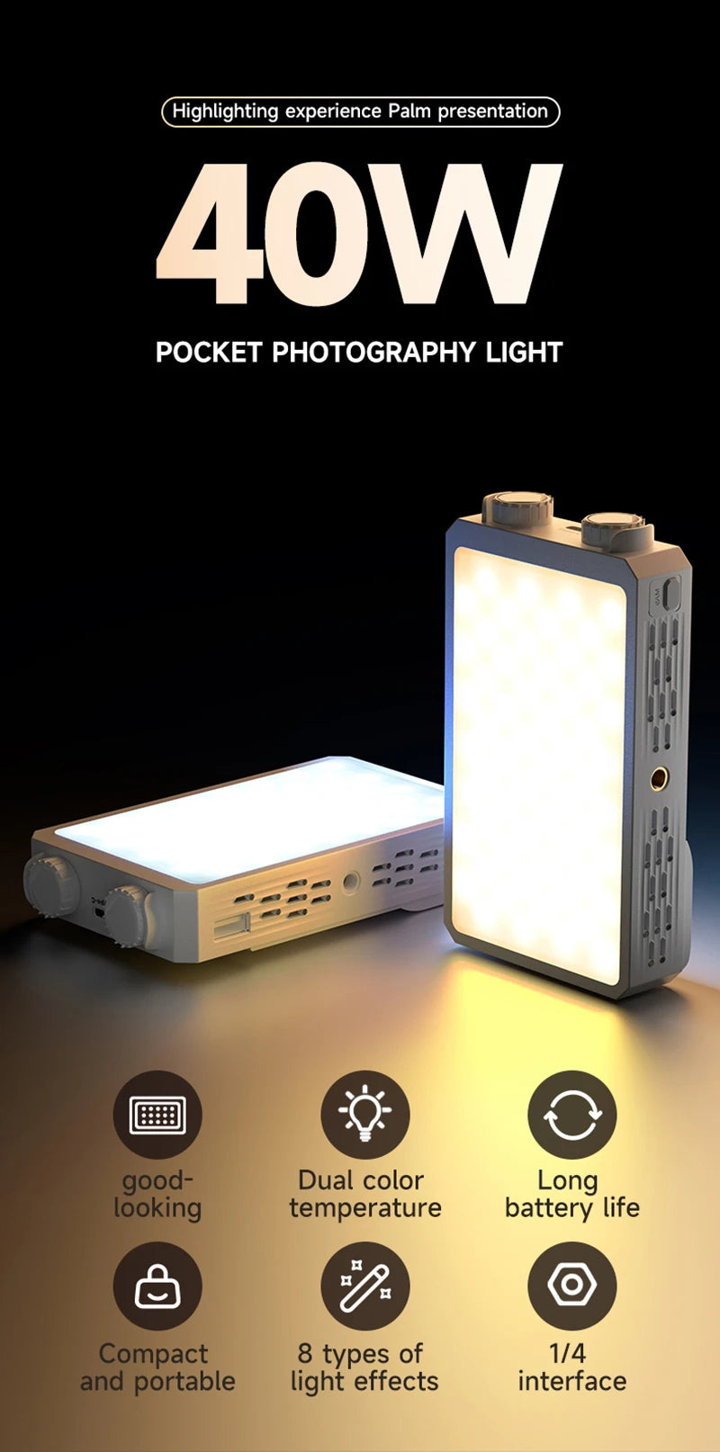 New 40W LED Camera Light 2500K-9000K Bi-Color 4400mAh Video Lamp Handle Portable Light Photography Light With CCT On Camera