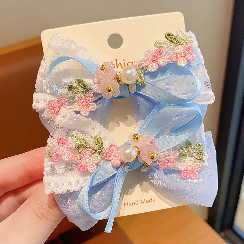 2pcs/Set Children Toddler Baby Girls Hair Bows Lace Pearl Cute Flower Floral Embroidery Lace Hair Clips Kid Hair Accessories