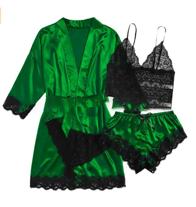 new Women's Sleep Lounge New Pajama Sets European American 4-piece set with lace satin suspender summer set for sleeping pajamas