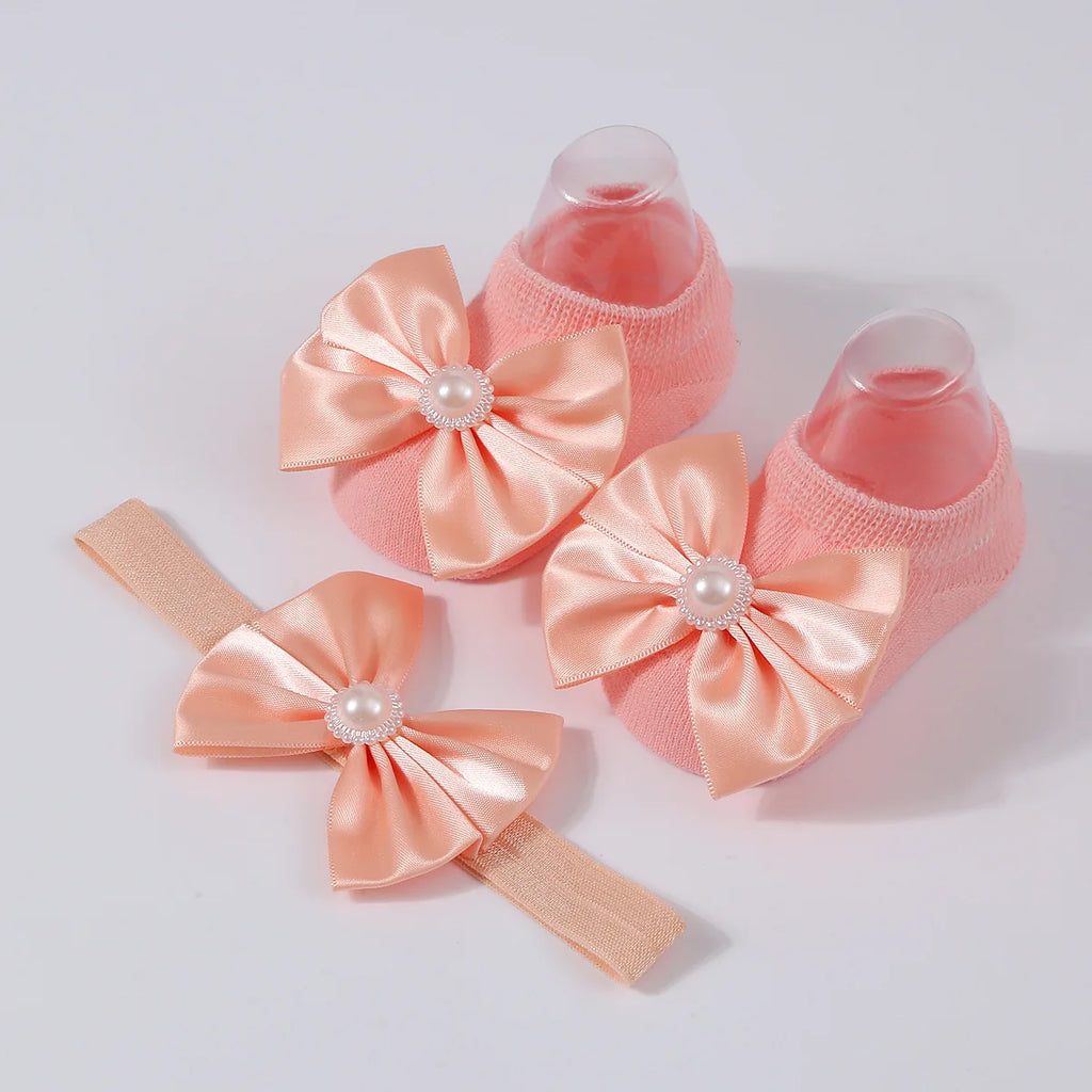1Set New Baby Pearl Bowknot Headbands Socks Newborn Toddler Soft Prewalker Sock Girl Infant Cute Knitted Cotton Hairband Socks