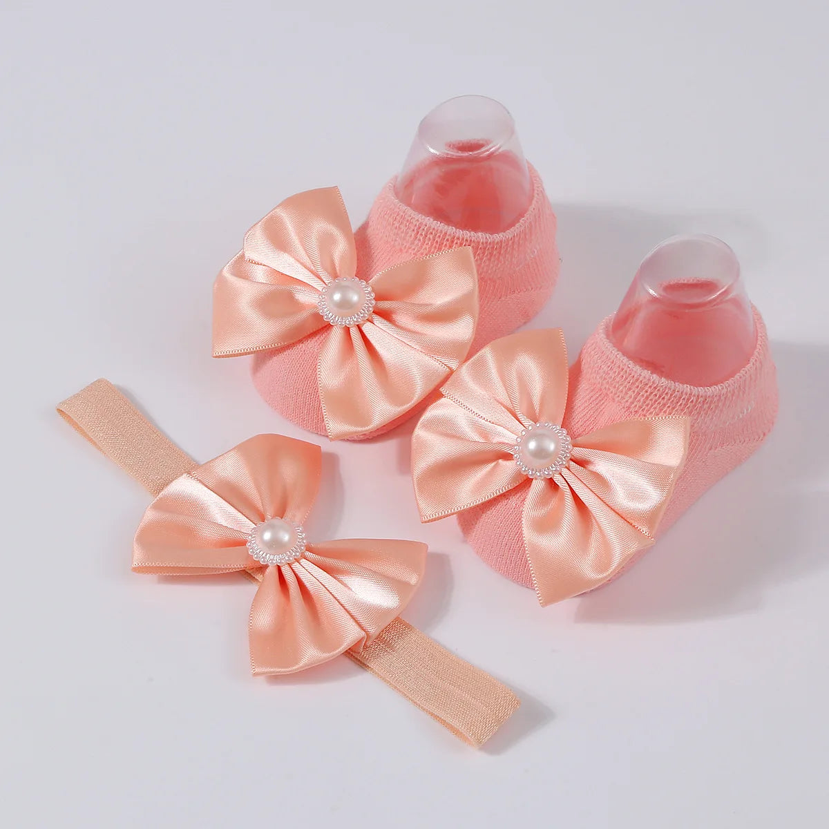 1Set New Baby Pearl Bowknot Headbands Socks Newborn Toddler Soft Prewalker Sock Girl Infant Cute Knitted Cotton Hairband Socks