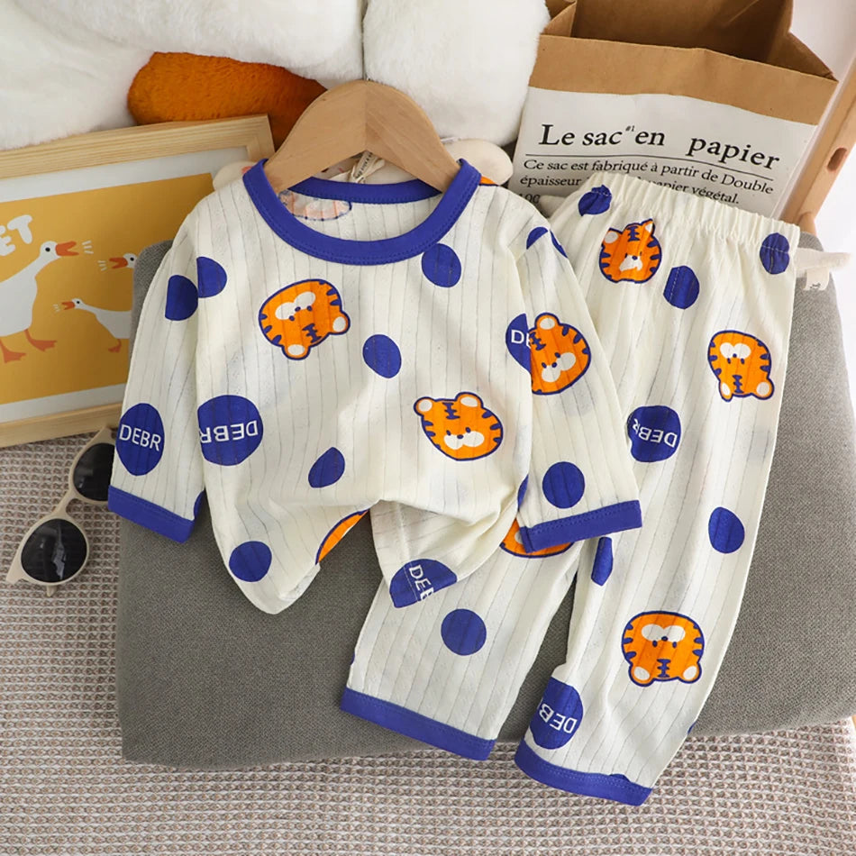 Spring Winter Kids Long Sleeve and Pants Pajamas Set Soft Breathable Baby Sleepwear Cartoon Bear AC Room Wear Boys Girls Clothes