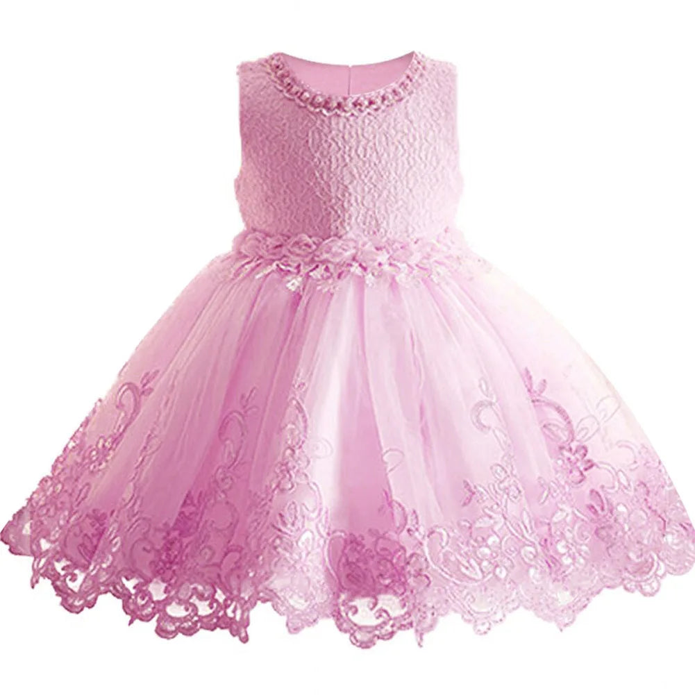 Infant Baby Flower Dress Toddler Girls Sleeveless Pearl Princess Pageant Birthday Lace Wedding Dress Children Formal Gown 6-24M
