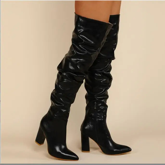 Sexy High Quality Pleated cowhide Leather Motorcycle Over The Knee Boots Women Fashion Pointed Toe Thigh High Lady Shoes Large