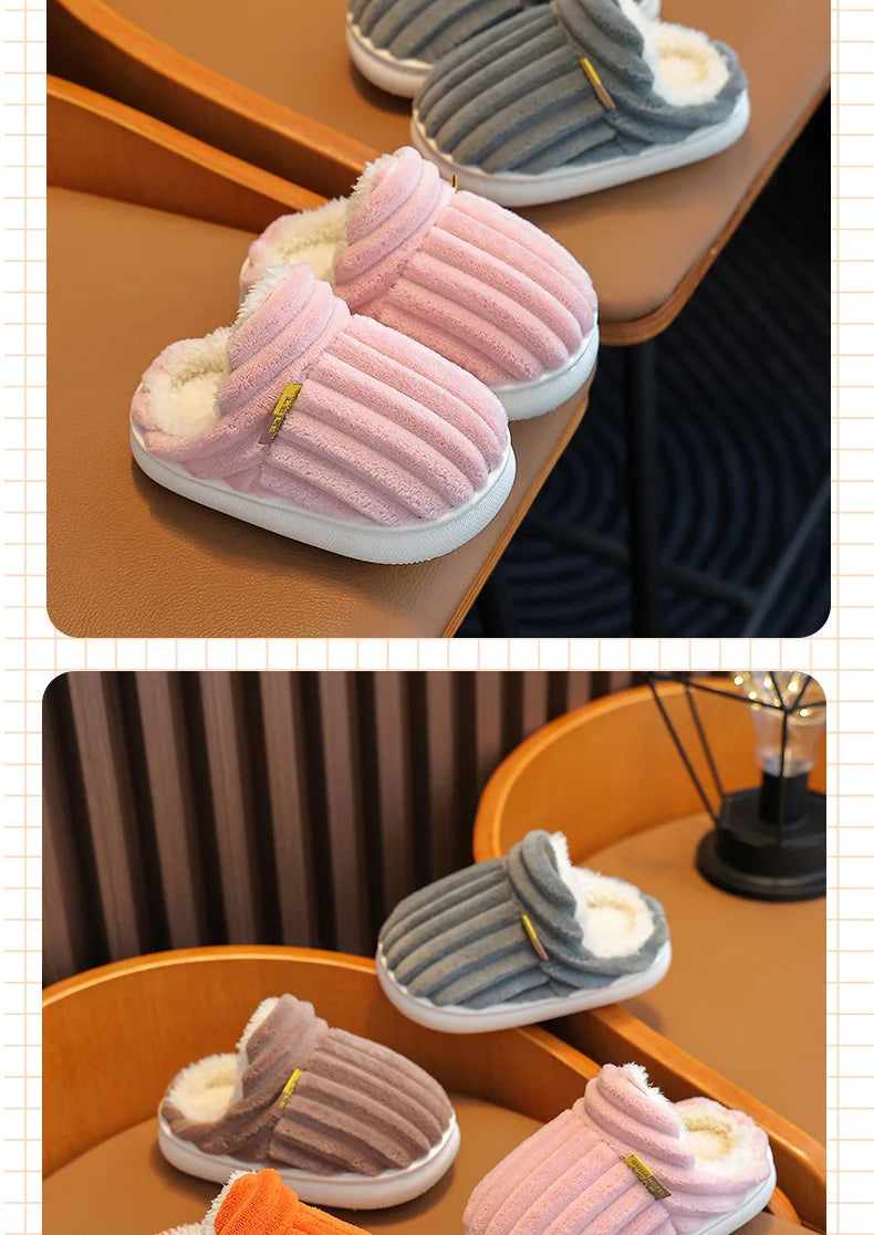 Winter children's cotton slippers for boys and girls, anti slip and warm bags, and parent-child fuzzy and plush home baby cotton