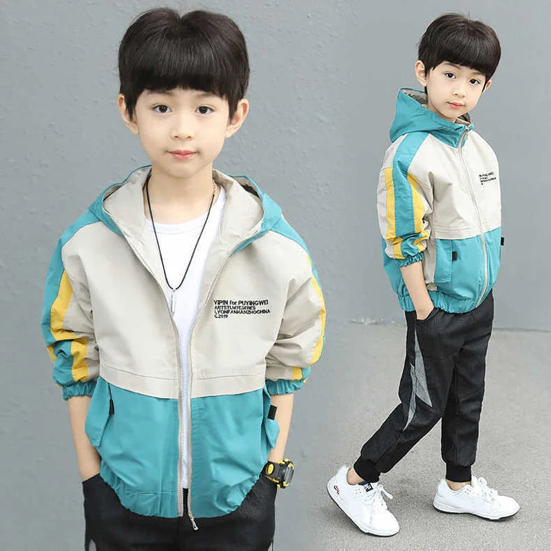 2025 New Splicing Boys Coat Spring Autumn Letter Printing Handsome Hooded Windbreak For 4-12 Years Kids Sports Leisure Outerwear